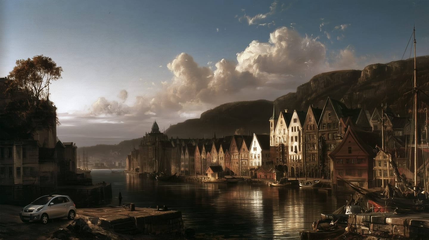 Maleri av Bryggen i Bergen i ettermiddagslys, med en hvit elbil på kaia